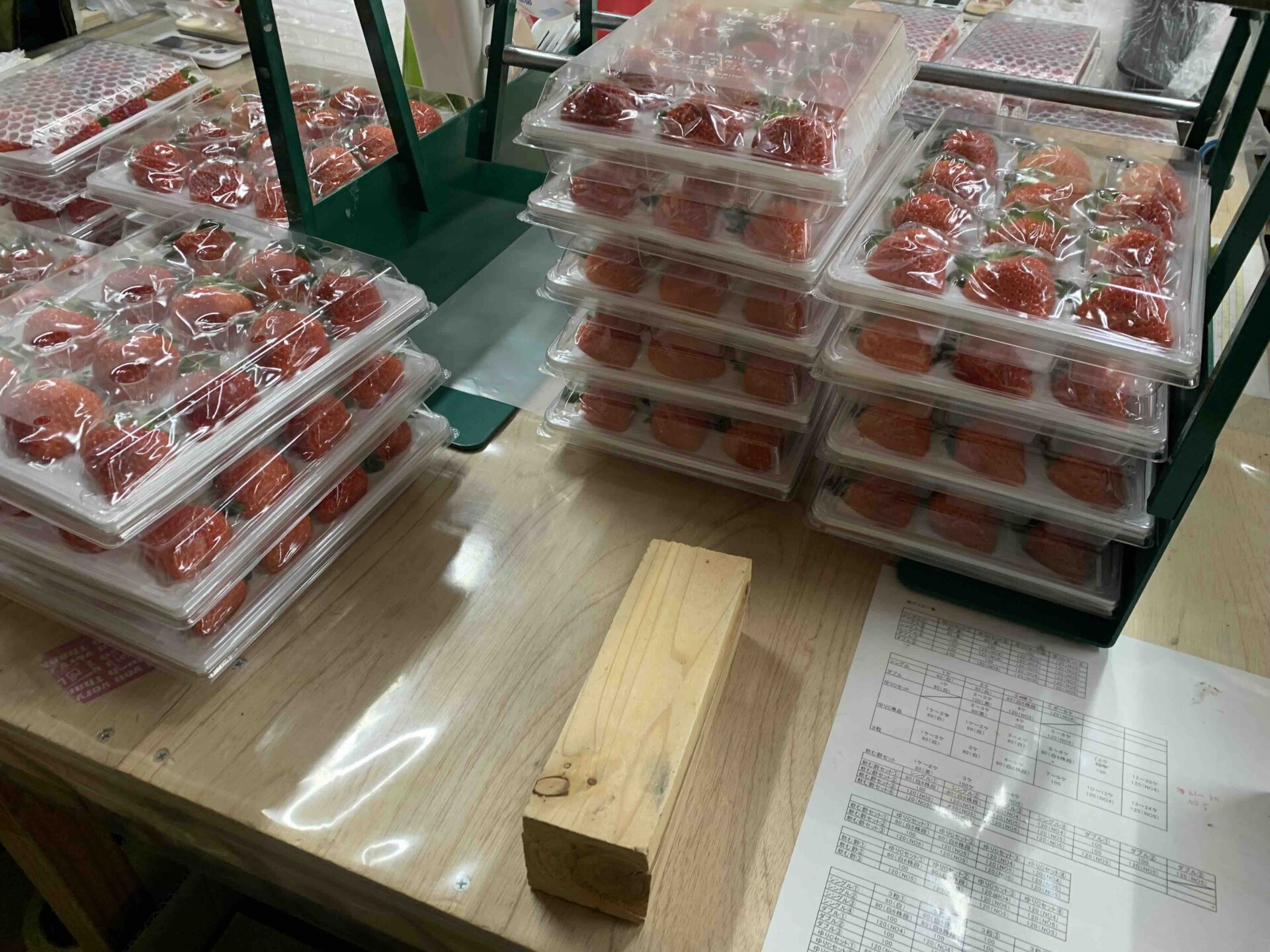 苺の花ことばでクルーと一緒に越後姫のパック詰めを行う様子