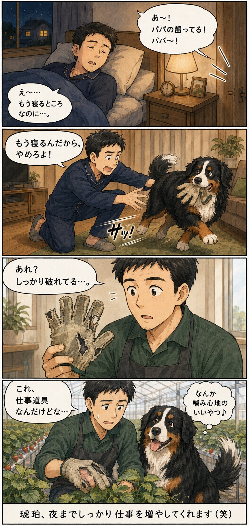 琥珀が仕事用の手袋を咥えて逃げ、翌朝手袋が破れていた出来事を描いた4コマ漫画