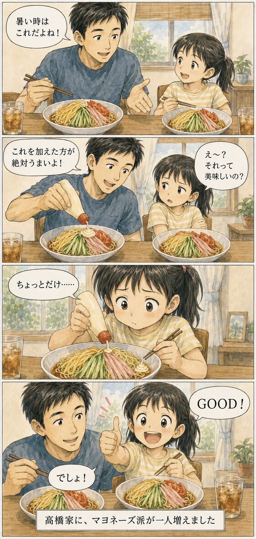 ことはと冷やし中華を食べ、マヨネーズをすすめた出来事を描いた4コマ漫画