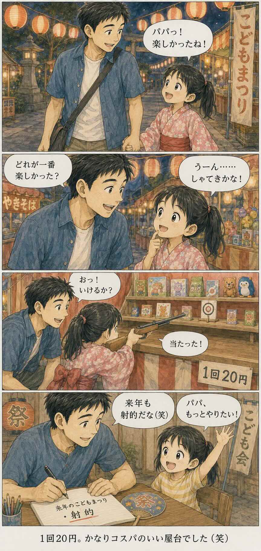 地元の夏祭りで子どもが射的を楽しんだ様子を描いた4コマ漫画