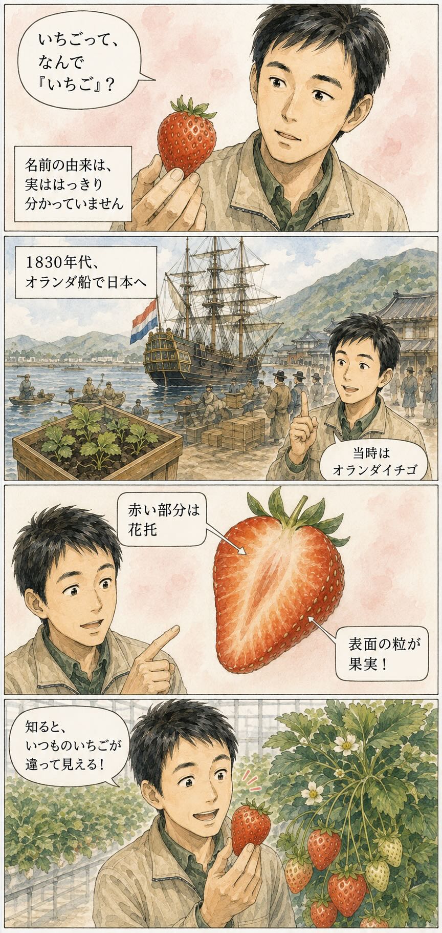 いちごの語源と歴史を紹介する4コマ漫画