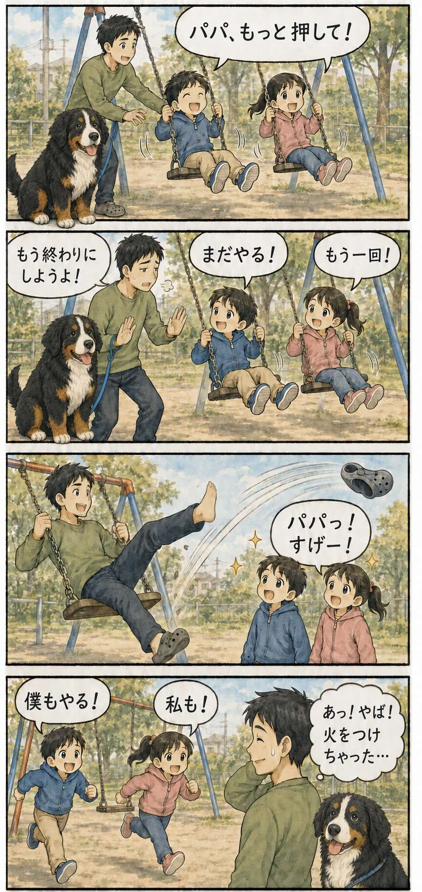 子どもたちとブランコで靴飛ばしをして遊ぶ様子を描いた4コマ漫画