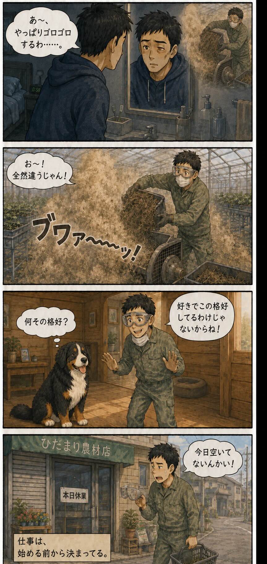 新しいゴーグルで土埃対策をした高橋和樹と琥珀の様子を描いた4コマ漫画