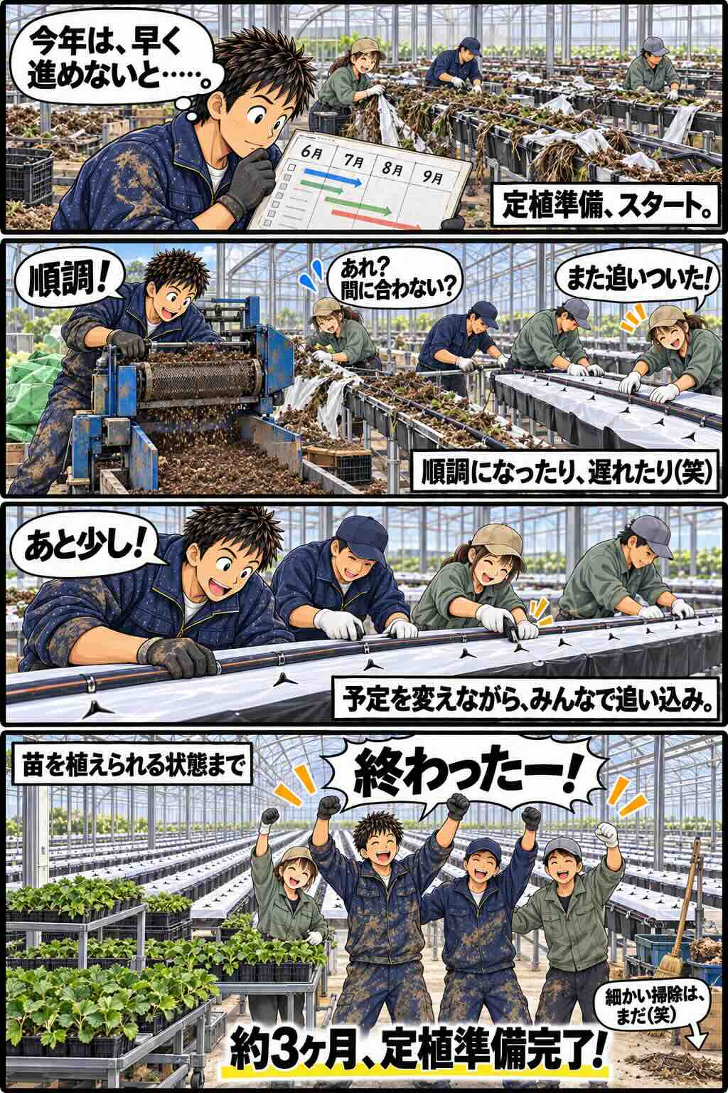 3ヶ月かけた定植準備がようやく終わった様子を描いた4コマ漫画