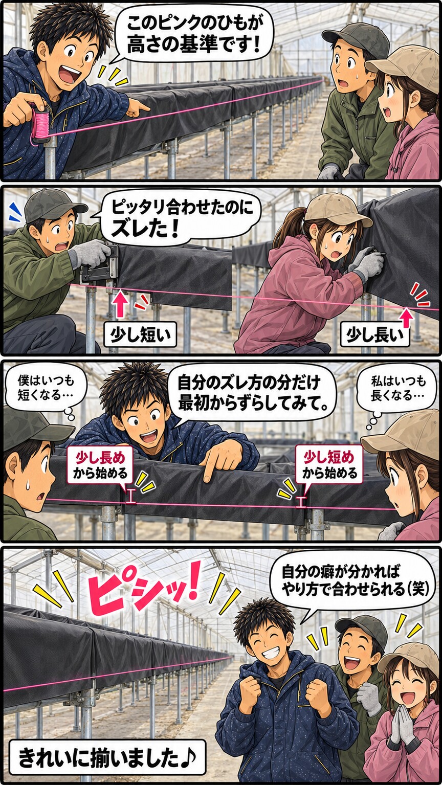 棚の修繕作業で自分のズレ方を理解して作業する様子を描いた4コマ漫画