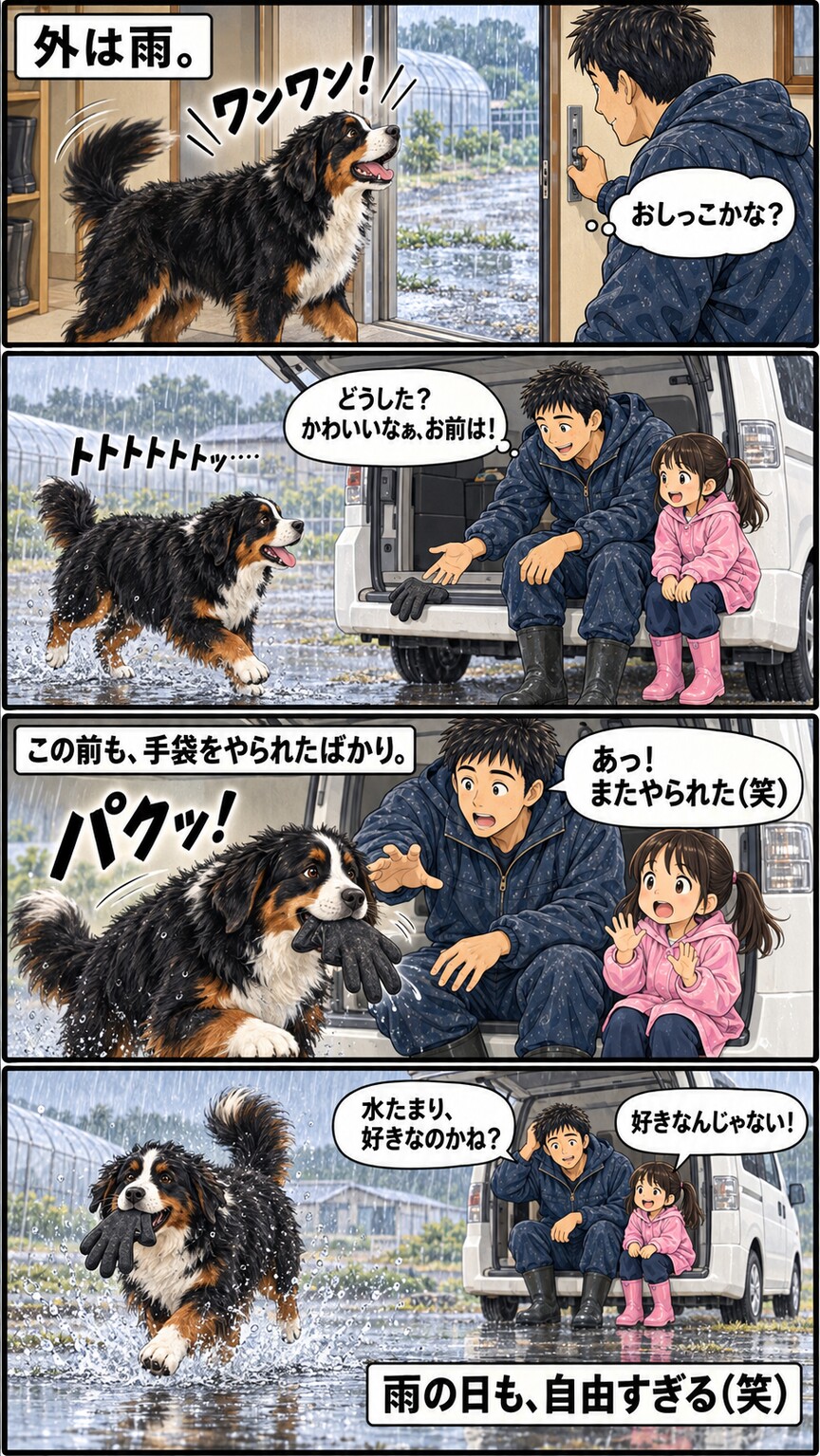 雨の日に琥珀が仕事用の手袋を奪って水たまりへ向かう様子を描いた4コマ漫画
