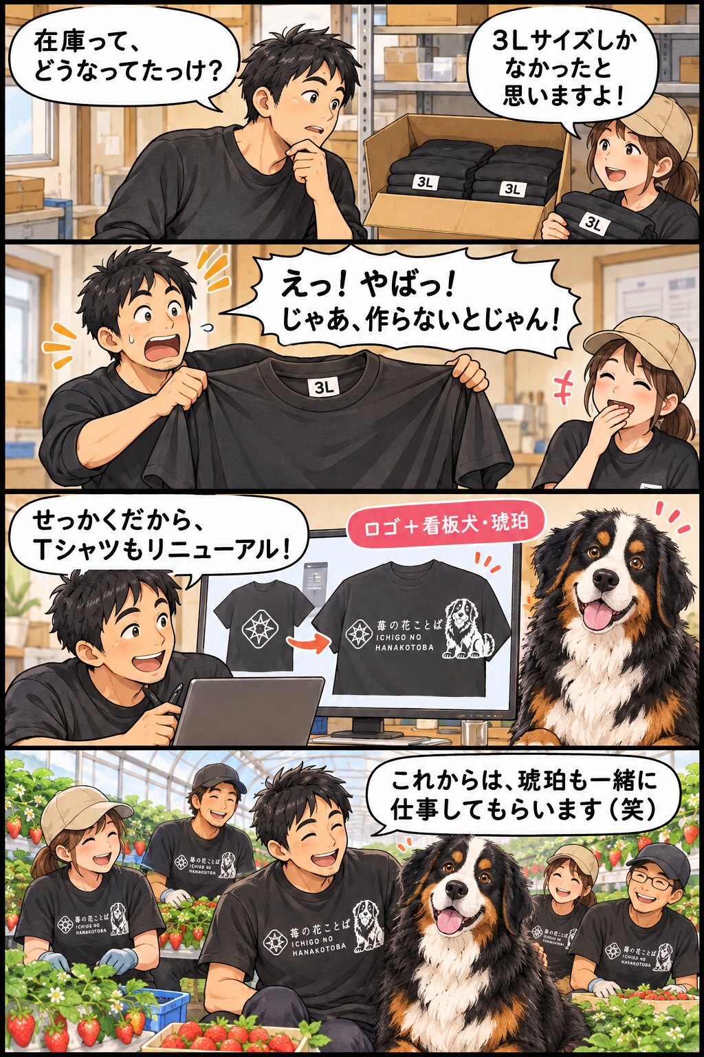 苺の花ことばの作業用Tシャツを新しく作ることになった様子を描いた4コマ漫画