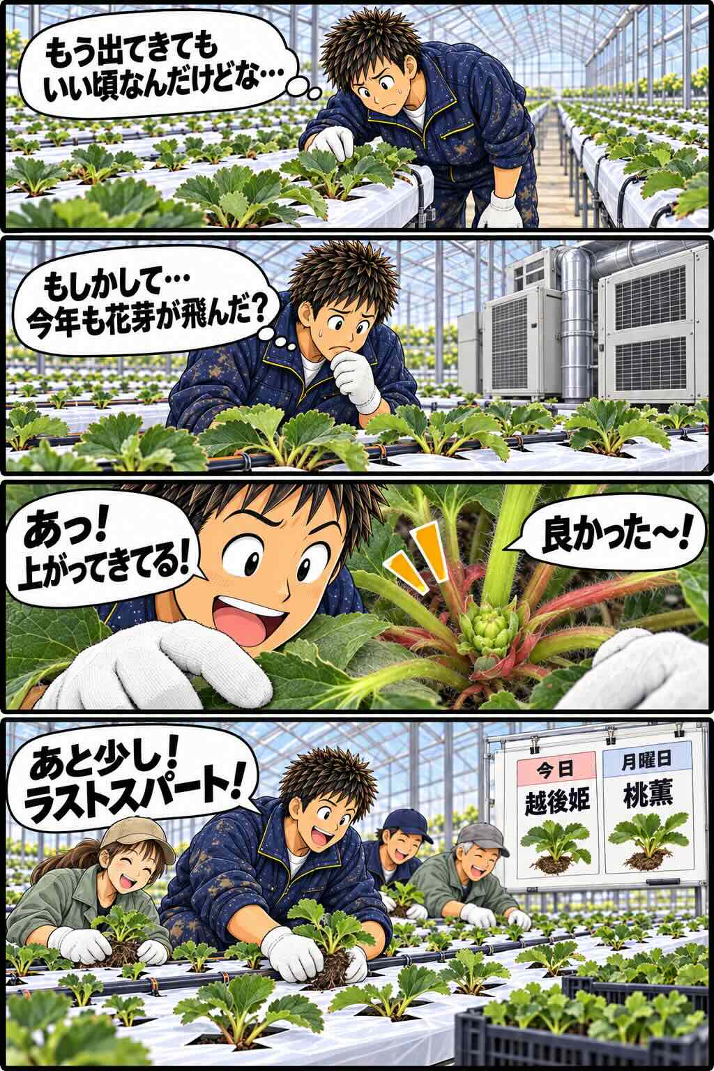 花芽がなかなか上がってこず心配した後、無事に確認できた様子を描いた4コマ漫画