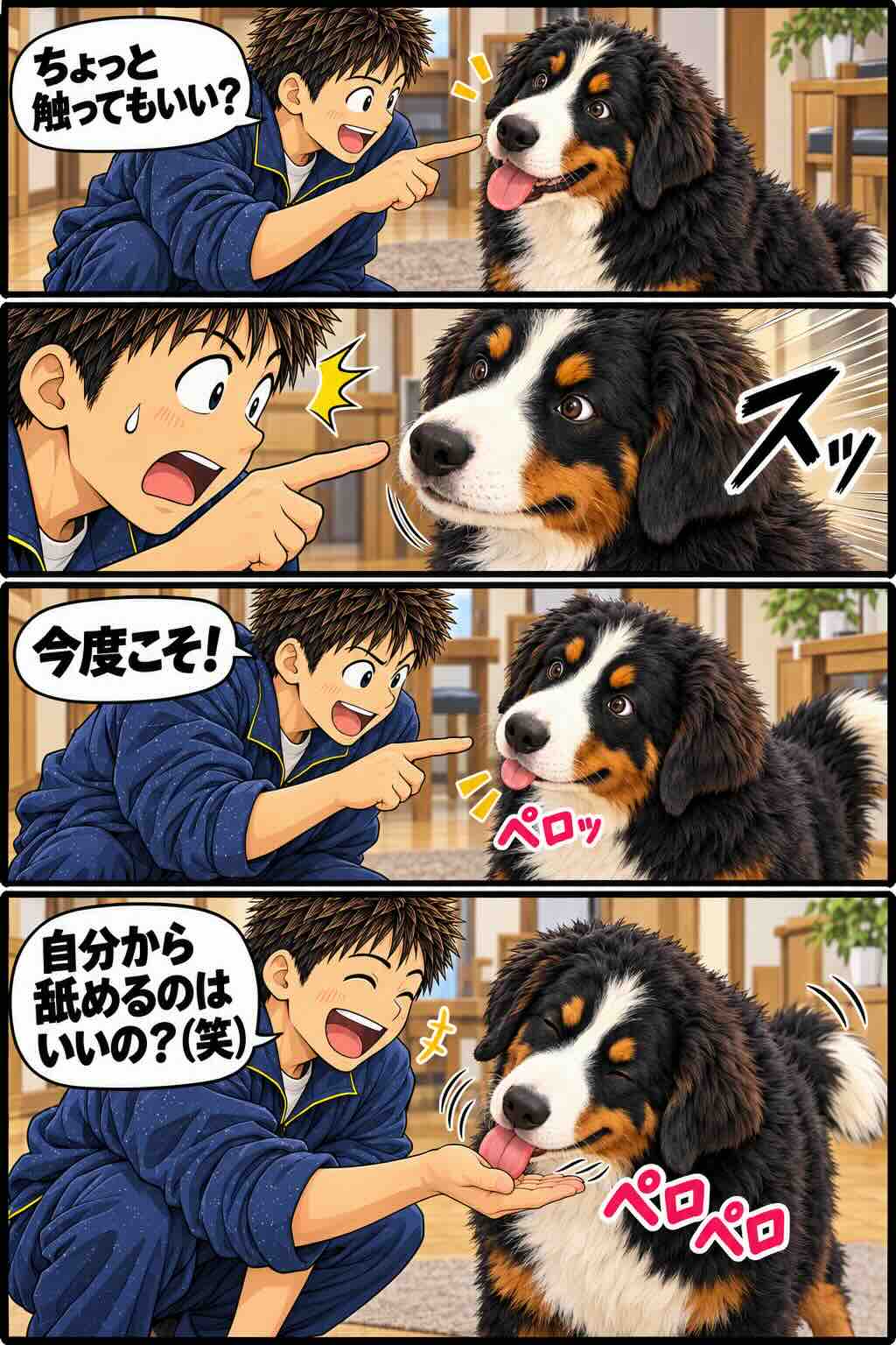 舌を触ろうとするとスッと引っ込める琥珀を描いた4コマ漫画